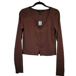 Dark Brown Forever 21 Women's Lettuce Edge Button Front Crop Top